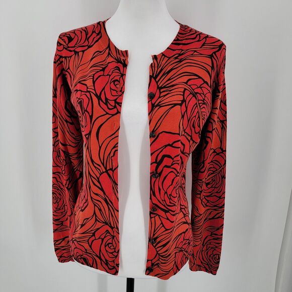 Harolds Cardigan Womens Small Silk Blend Floral Button Up Red Orange Black - Picture 7 of 12